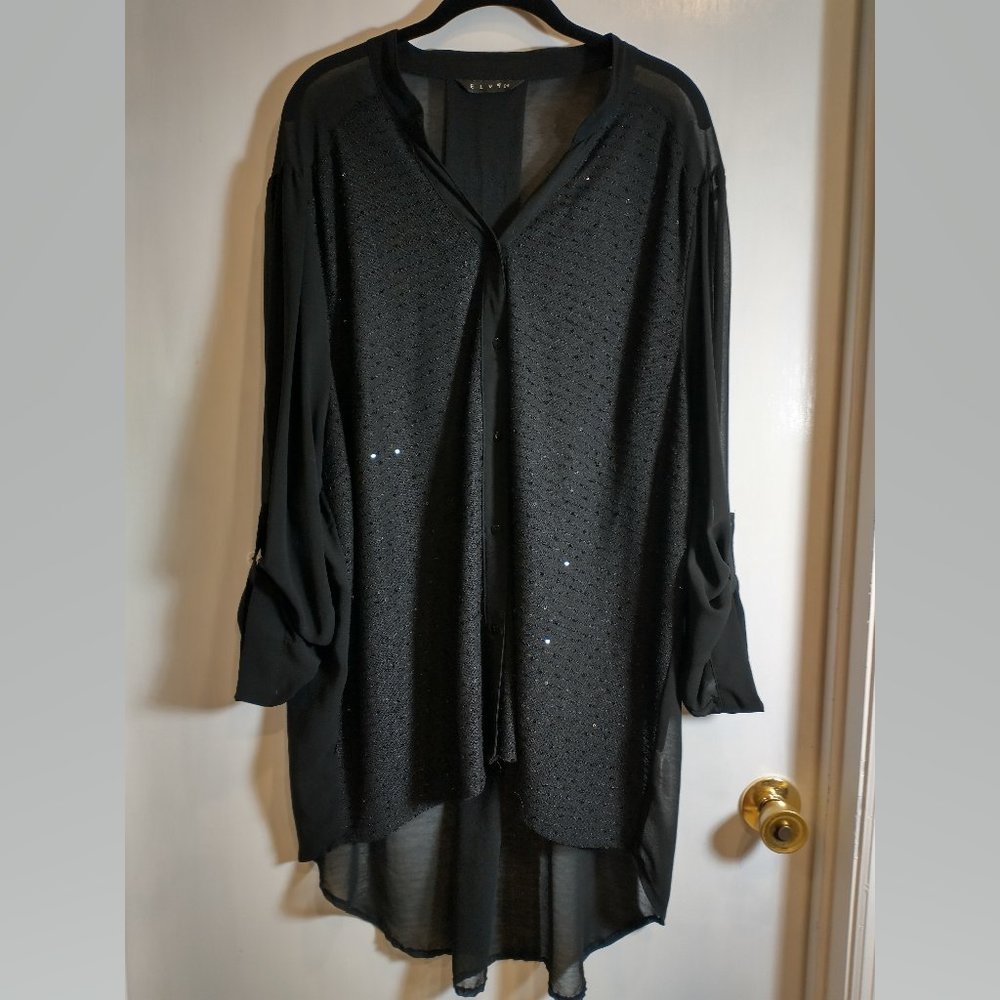 Elvi Sheer Sequinned Black Panel Shirt, hi-lo hem, tunic length, size 24